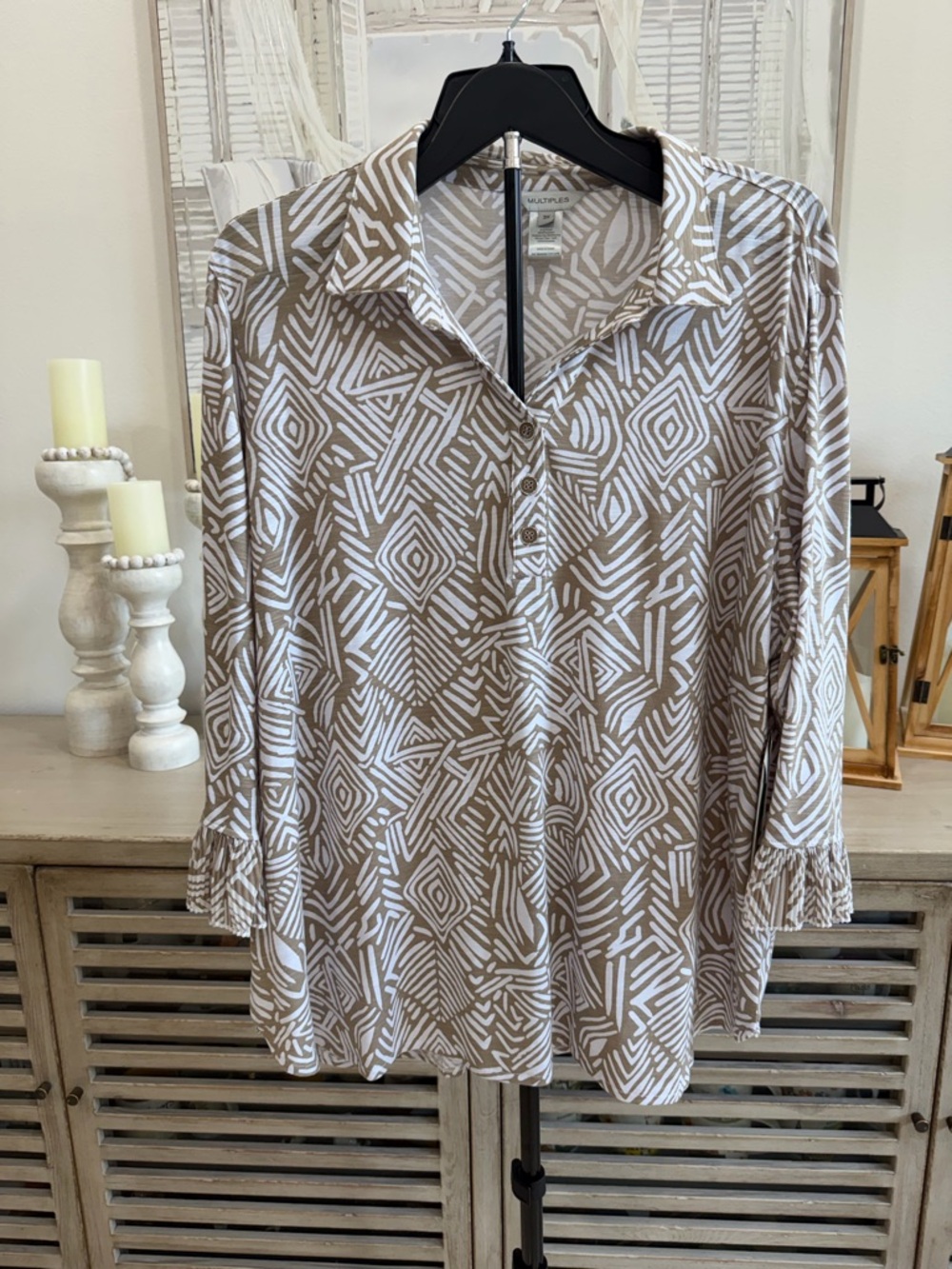 Multiples Taupe & White Geometric Henley Blouse